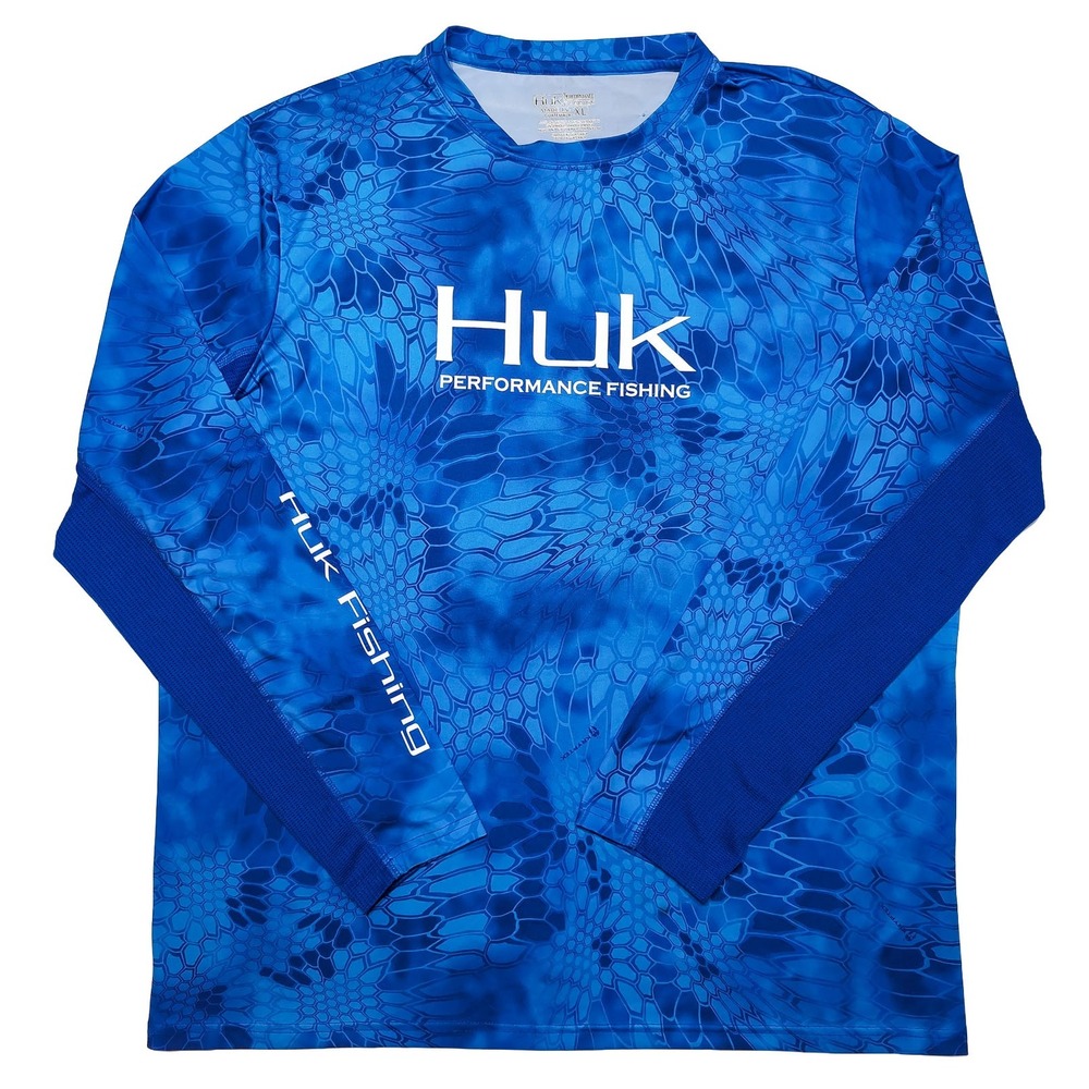 HUK Fishing Shirt Mens XL Blue Camo Good Long Sleeve Kryptek Performance Mesh